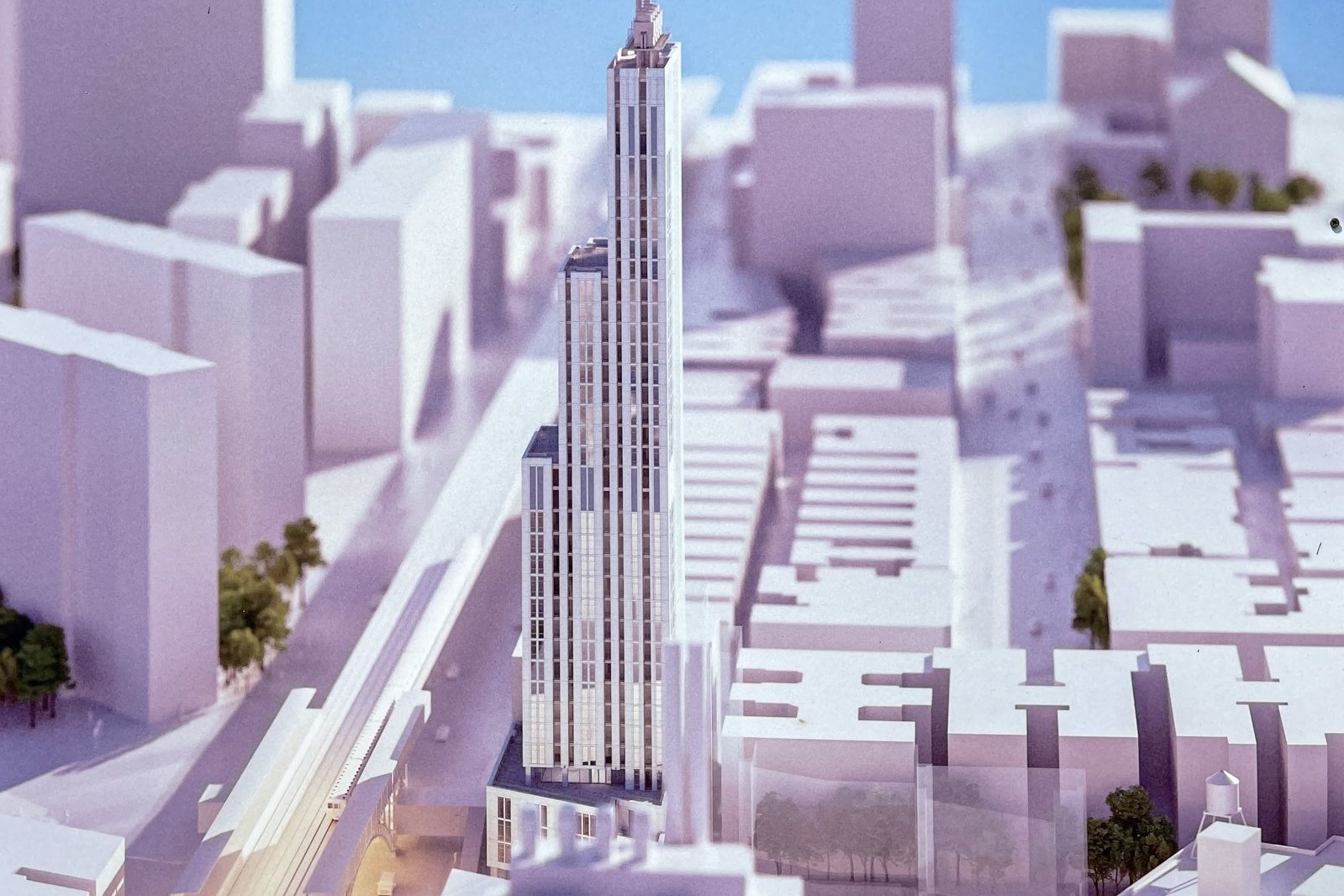 An aerial rendering of the 34-story building at 600 W. 125th Street, looking south.