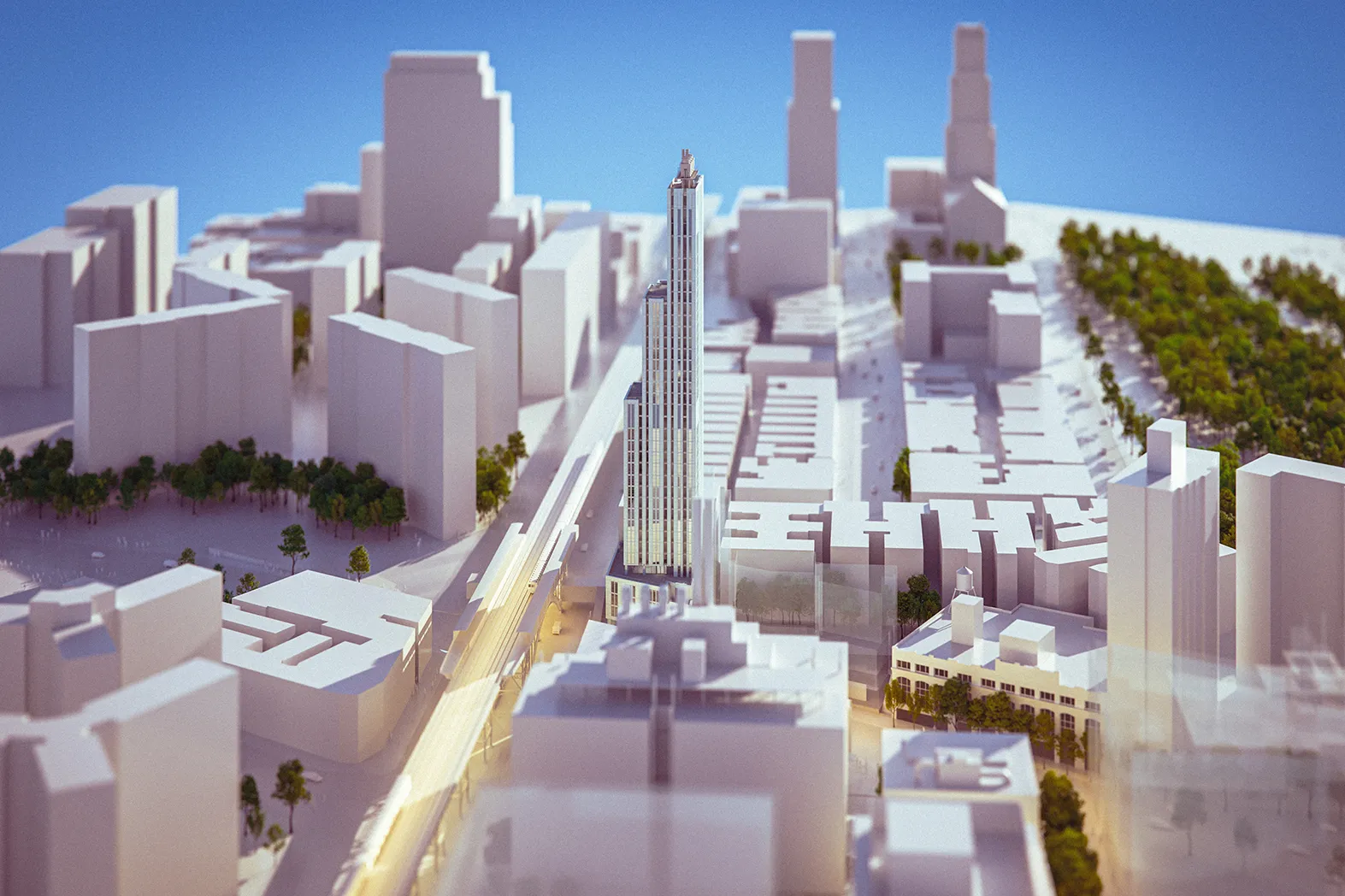  An aerial rendering of 600 W. 125th Street with neighboring buildings and trees.
