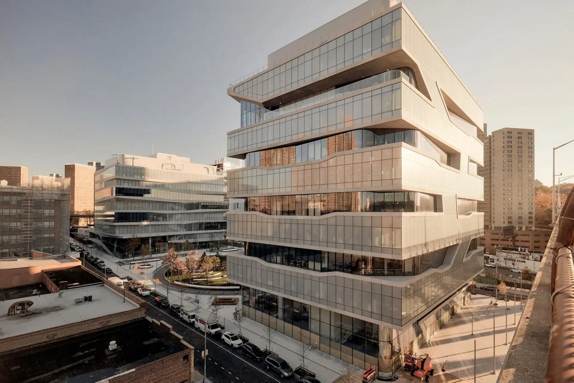A slanted view of Columbia Business School during dusk.
