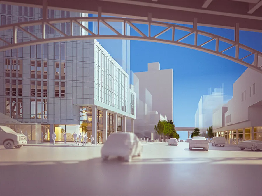 A rendering of 600 W. 125th Street from the street behind the above ground subway, looking west.